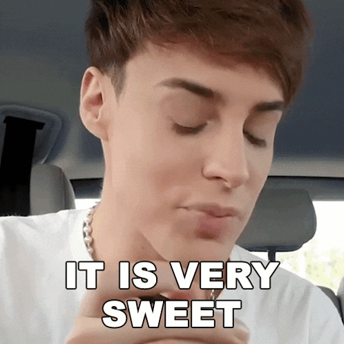a young man in a car with the words it is very sweet on the bottom