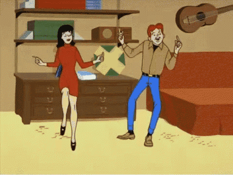 a man and a woman are dancing in a living room