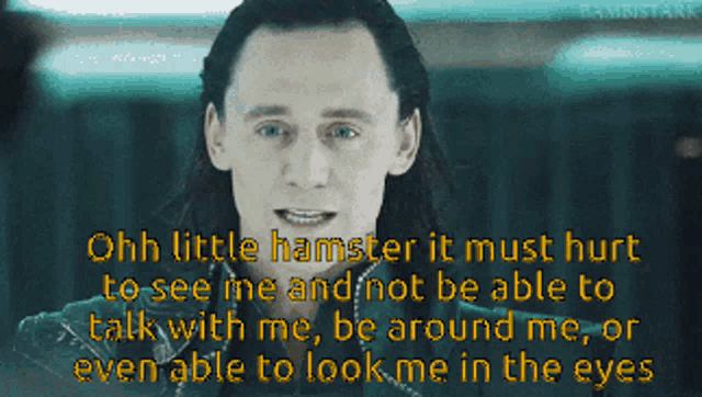 a close up of a man 's face with a caption that says ohh little hamster it must hurt to see me
