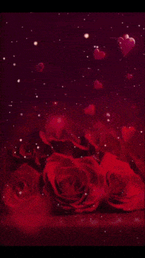 a man and a woman are surrounded by red roses and hearts