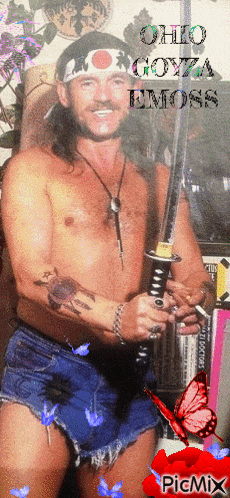 a picture of a shirtless man holding a sword with the words ohio goyza emors on it