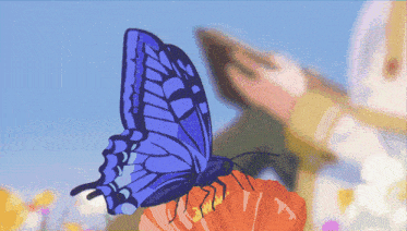a blue butterfly is perched on a flower in a field