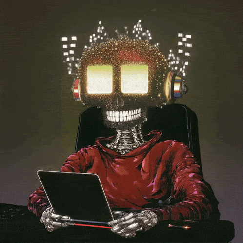 a drawing of a skull wearing headphones and holding a laptop computer
