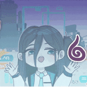 a cartoon of a girl with long hair and a purple number 6 in the background