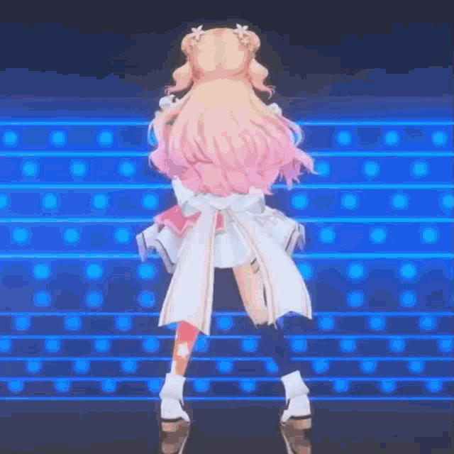a 3d anime girl is dancing on a stage with a blue background .