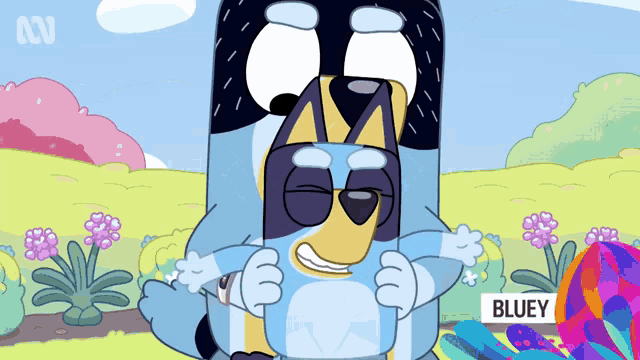 a cartoon dog named bluey is holding another dog