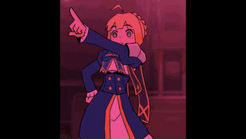 a cartoon of a girl in a green and yellow outfit pointing up