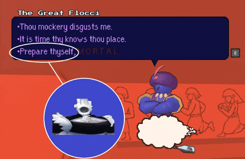 a cartoon of a genie with a speech bubble saying the great flocci