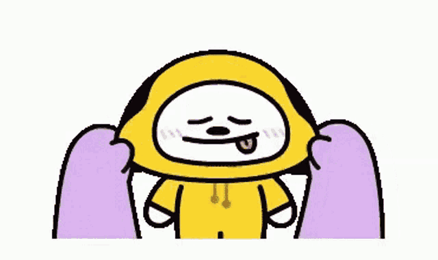 a cartoon character wearing a yellow hoodie is standing next to a purple hand .