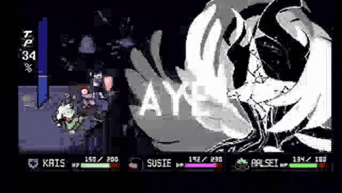 a black and white pixel art of a video game with the word ay written on it .