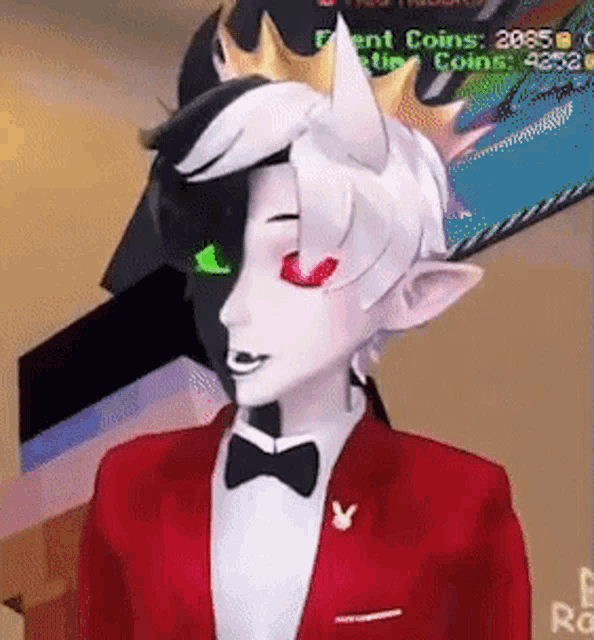 a cartoon character wearing a red tuxedo and a bow tie .