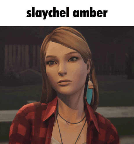 a video game character with the name slaychel amber on top