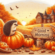 a hedgehog is sitting on top of a pumpkin next to a sign that says good morning