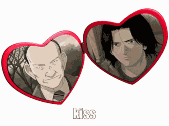 a pair of heart shaped sunglasses with a picture of a man and the word kiss below them