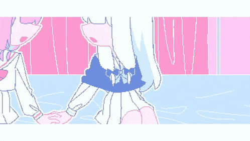 a pixel art drawing of two girls holding hands with chinese writing underneath them