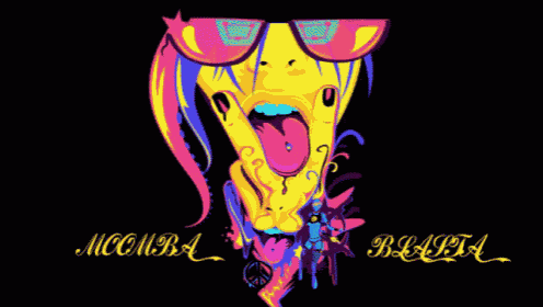 a colorful illustration of a woman with sunglasses and the words momba blaita