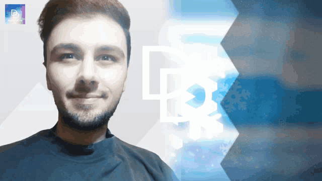 a man with a beard is smiling in front of a blue and white background with the letter r on it