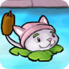 a cartoon of a cat wearing a pink hat and holding a leaf .