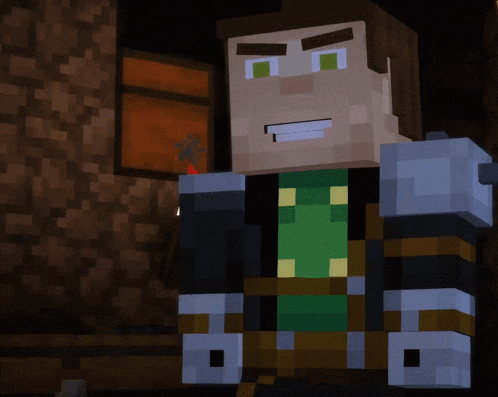 a minecraft character with a green shirt and blue gloves