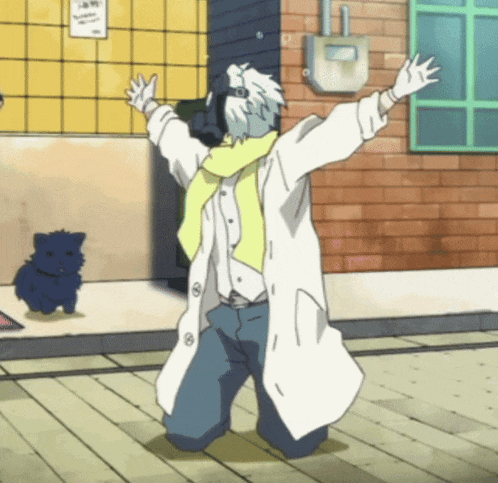 a man in a lab coat is dancing in front of a dog