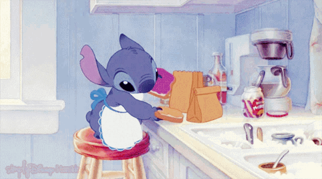 a cartoon of stitch sitting on a stool preparing food