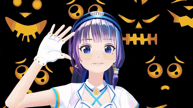 a girl with purple hair and blue eyes is waving her hand in front of a black background with smiley faces and the word hhh on it