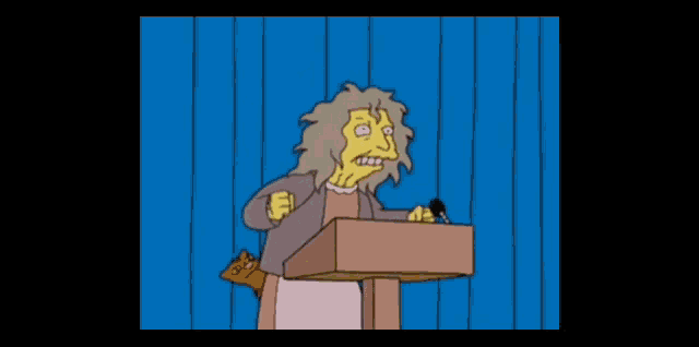 a cartoon character stands at a podium with a microphone
