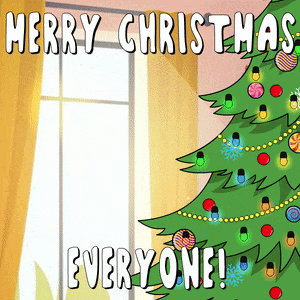 a cartoon of a christmas tree with the words merry christmas everyone below it