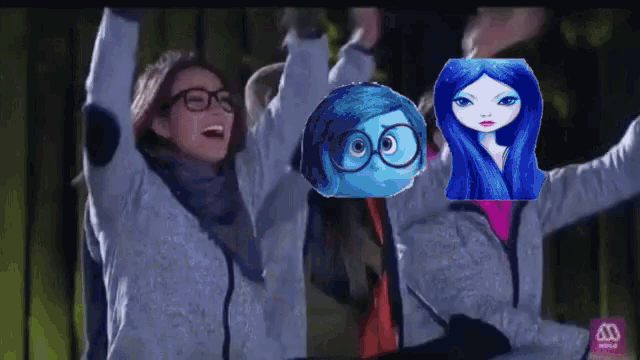 a woman with glasses holds her arms up in the air with a picture of a girl with blue hair behind her