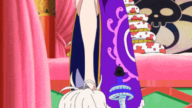 a cartoon drawing of a woman in a purple dress with a snake on it