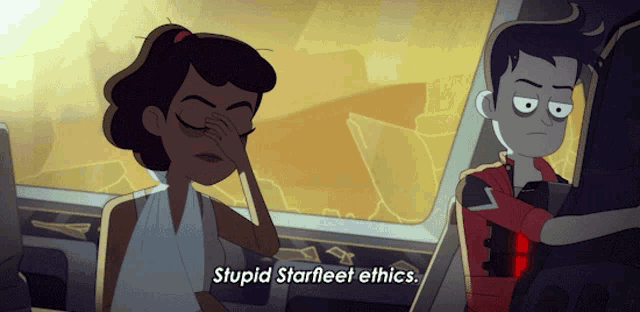 a cartoon character says stupid starfleet ethics while another character looks on
