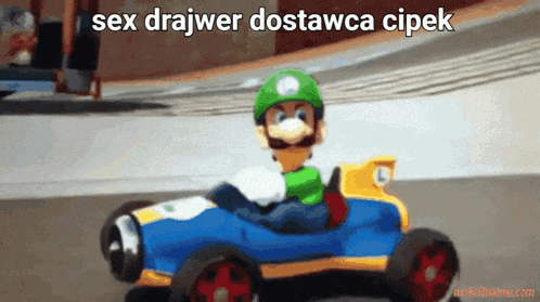 a video game character is driving a toy car with a caption that says sex