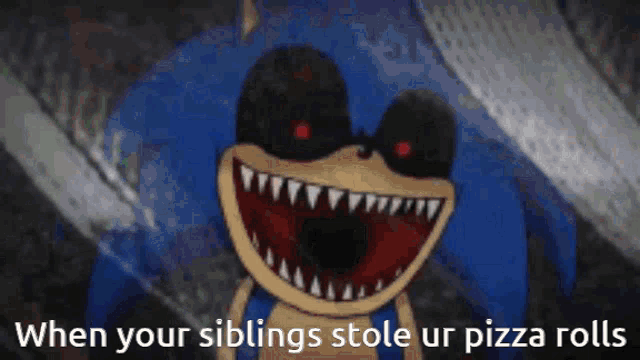 a cartoon of a scary sonic the hedgehog with red eyes and sharp teeth .
