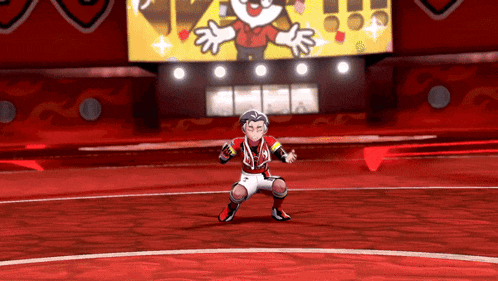 a cartoon character with a medal around his neck is standing on a red floor