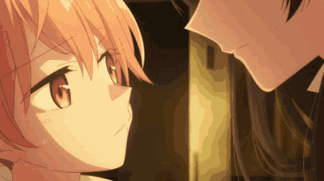 a couple of anime characters looking at each other with their eyes closed