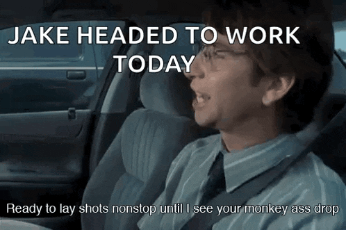 a man is sitting in the back seat of a car with the words " jake headed to work today "
