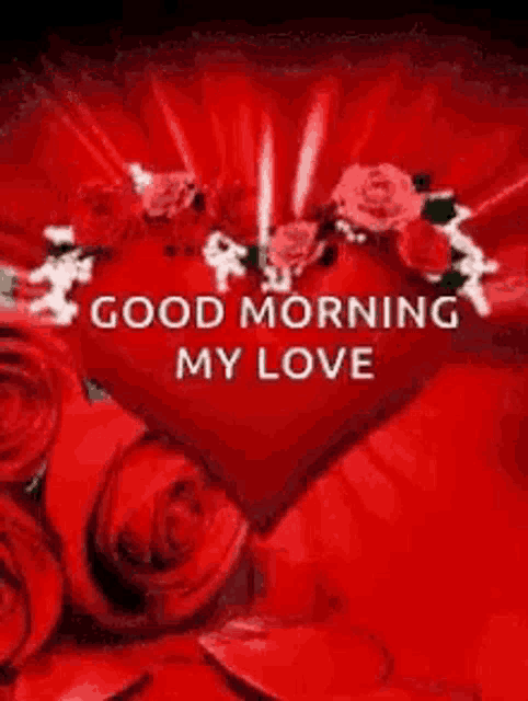 a red heart with roses around it and the words `` good morning my love '' written on it .