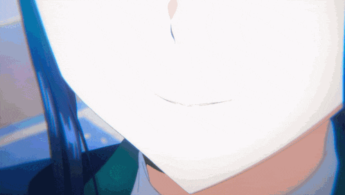 a close up of a person 's face with blue hair and a white background