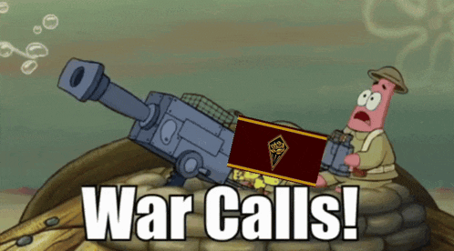 a cartoon of patrick holding a cannon with the words war calls on the bottom
