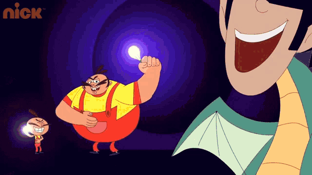 a cartoon of a man holding a light bulb with the nick logo in the corner