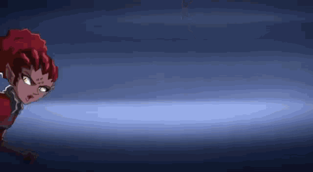 a cartoon character with red hair is standing in front of a dark blue background .