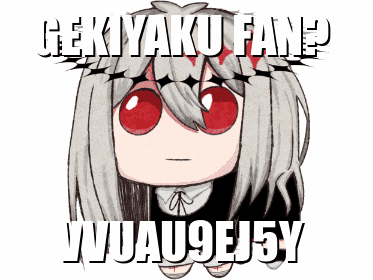 a picture of a girl with red eyes and the words " gekiyaku fan " above her