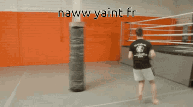 a man in boxing gloves is standing next to a punching bag with the words naww yaint.fr above him