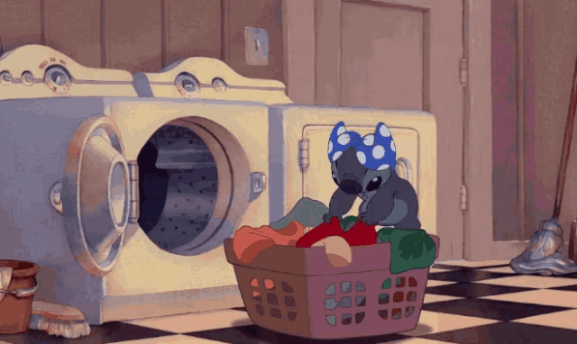 a cartoon of stitch sitting in a laundry room next to a washing machine