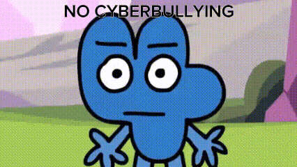a cartoon character is standing in a field with the words `` no cyberbullying '' written above him .