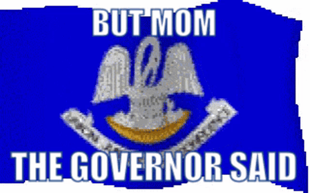 a blue flag that says but mom the governor said on it