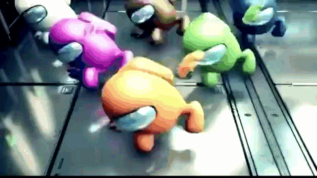 a bunch of among us characters are dancing on the floor