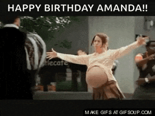 a pregnant woman with her arms outstretched and the words " happy birthday amanda " on the bottom
