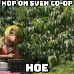 a picture of a stuffed animal with a caption that says hop on sven co-op hoe
