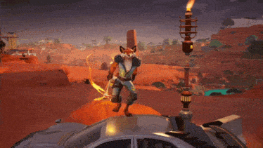 a video game character is standing on top of a car with a torch in his hand